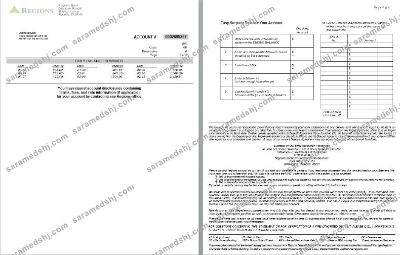 USA Tennesse Regions bank statement, 4 pages, version 2, 3-4 scr